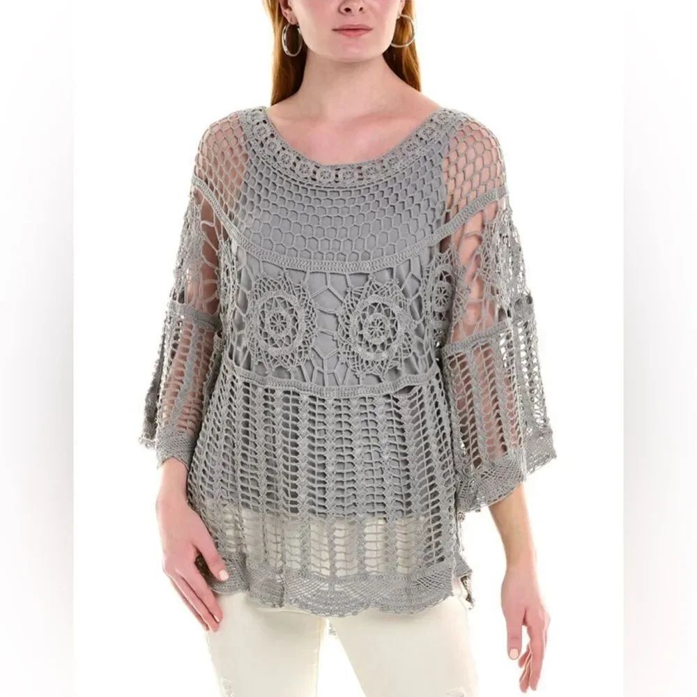 XCVI Crochet Gray Bell Sleeve Tunic Top S